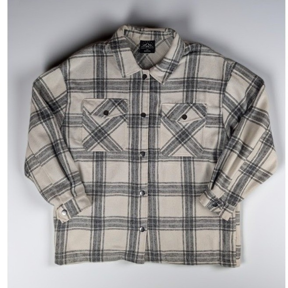 HFX Men's Plaid Fleece Shirt Jacket Cream Black Snap Front Shacket Large
